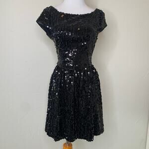 Black Square Sequin Fit Flare Dress Cap Sleeves Sz 5/6
